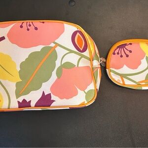 CLINIQUE Makeup Bag + Coin Purse SET Travel Cosmetic Zip Pouch Floral Retro NEW